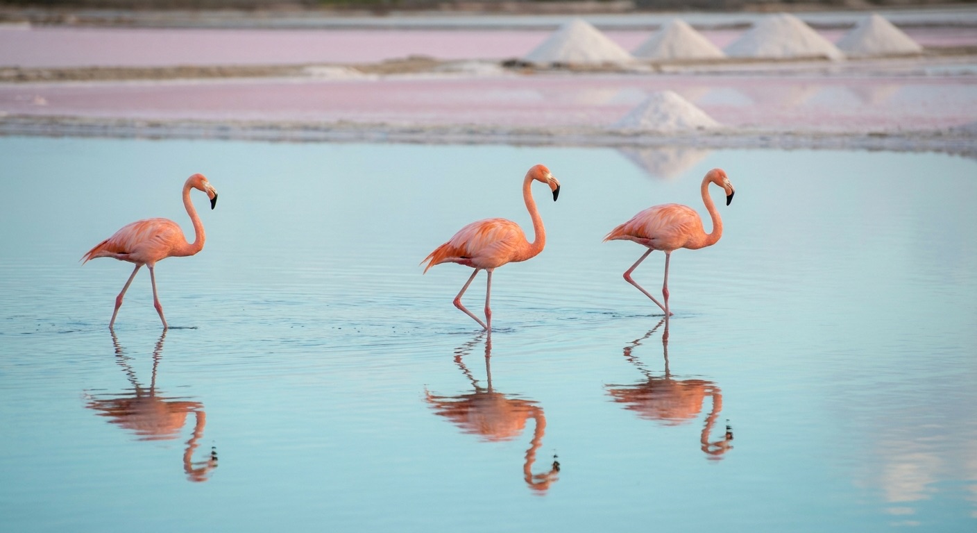 Three flamingos wading in shallow water in front of piles of white salt