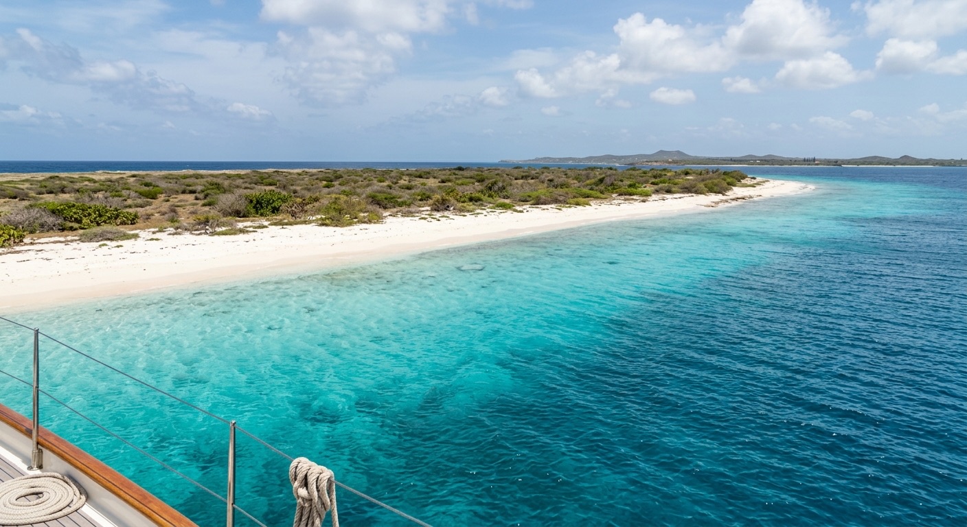 A white sand beach on a low, scrubby island with turquoise water in the foreground