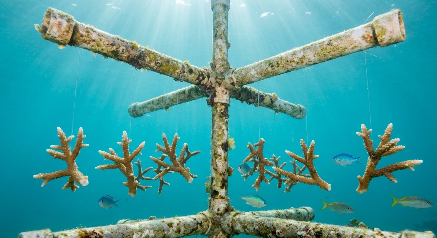 Coral fragments hanging from a pipe frame underwater, with small fish nearby
