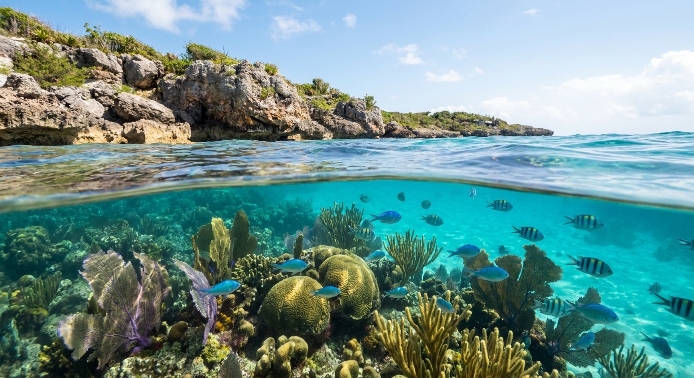 Split view of a rocky shoreline above and a coral reef with striped fish below the waterline