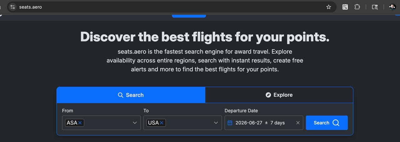 Seats.aero search interface showing Asia to USA search