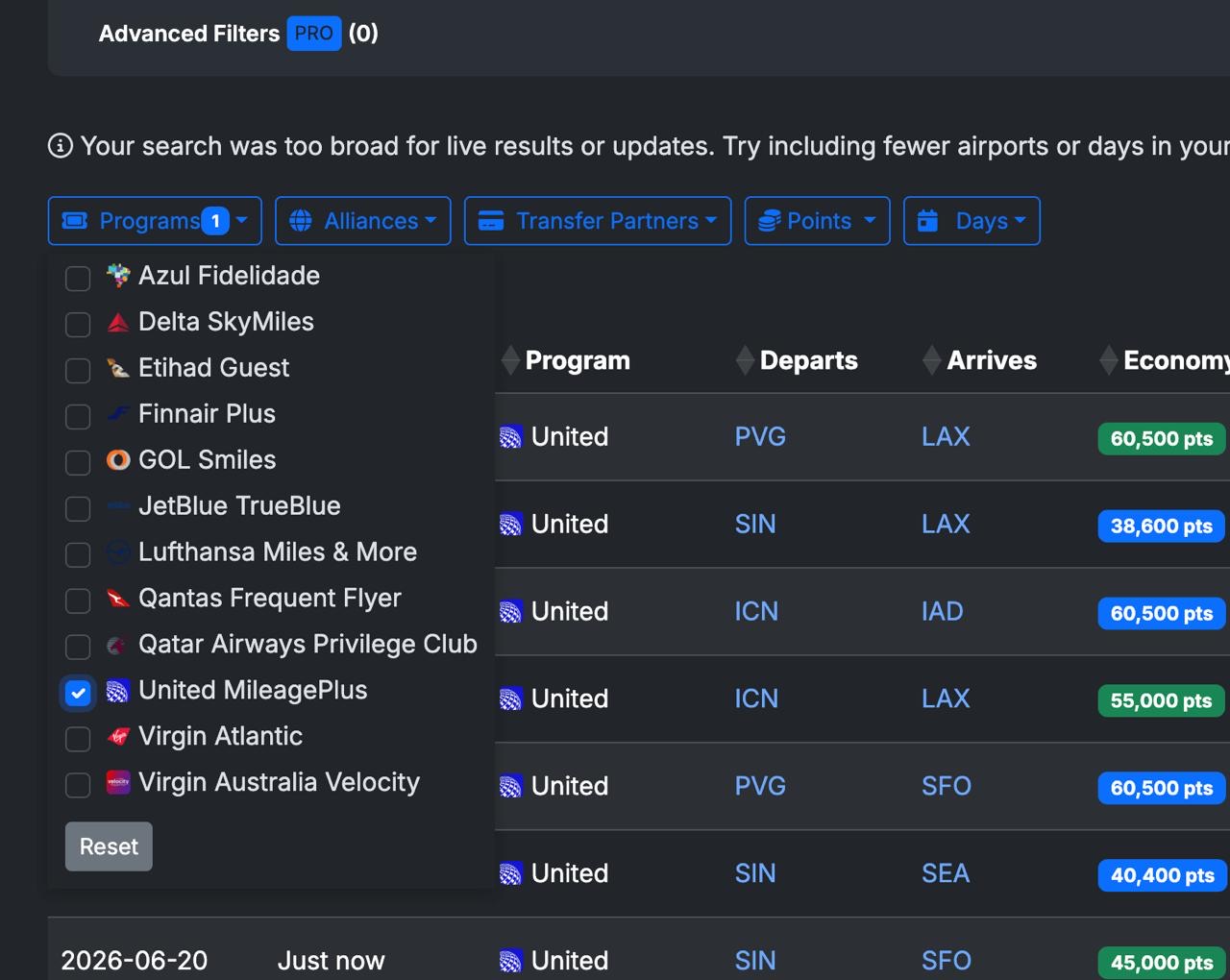 Seats.aero filtering for United Airlines