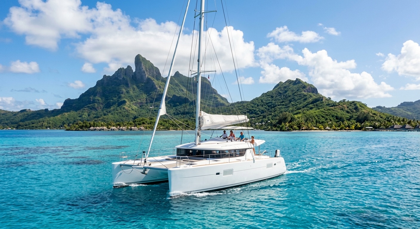 A white sailing catamaran in a turquoise lagoon below a green volcanic peak