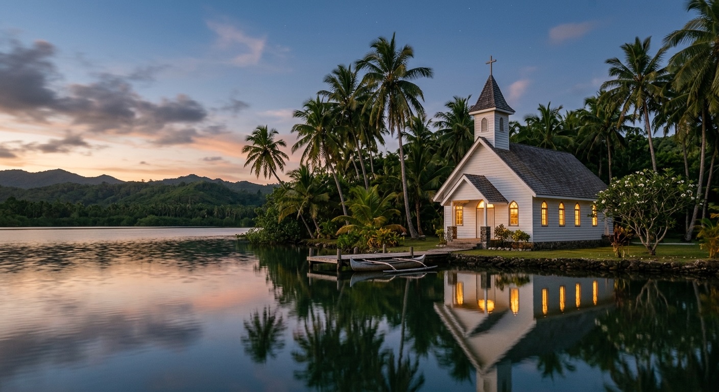 A small white church with a steeple among palm trees at the water's edge at dusk