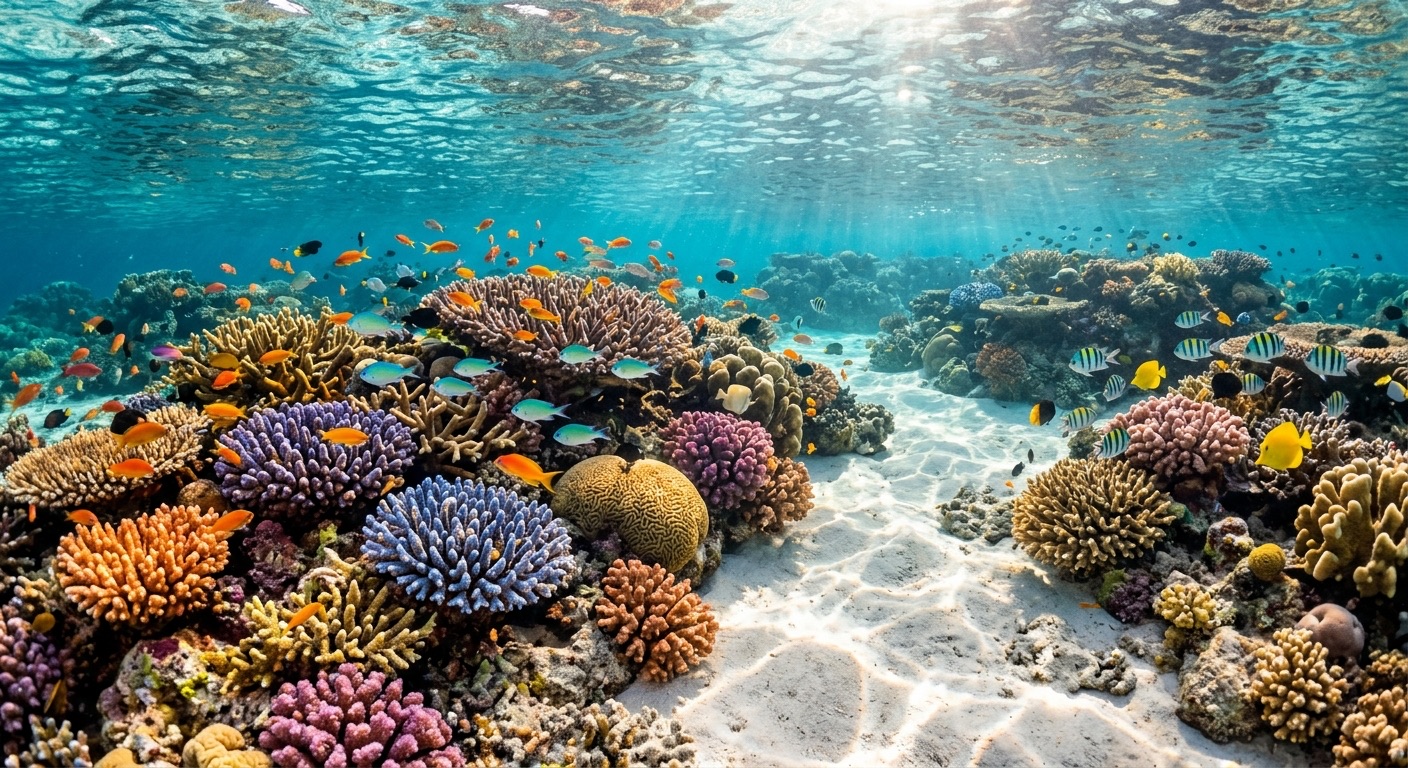 Colourful coral and small fish in clear, shallow water