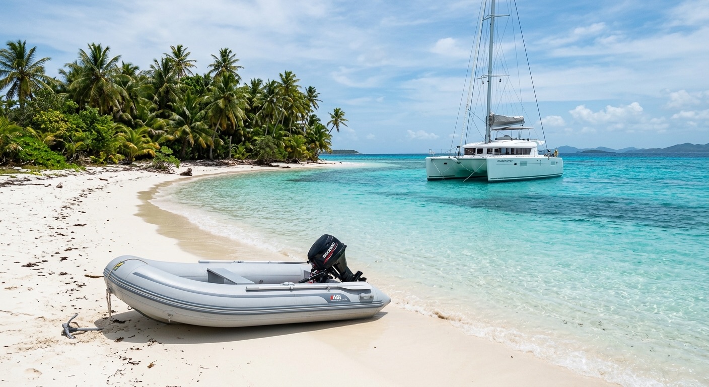 An inflatable dinghy pulled up on a white-sand beach, with a catamaran anchored offshore