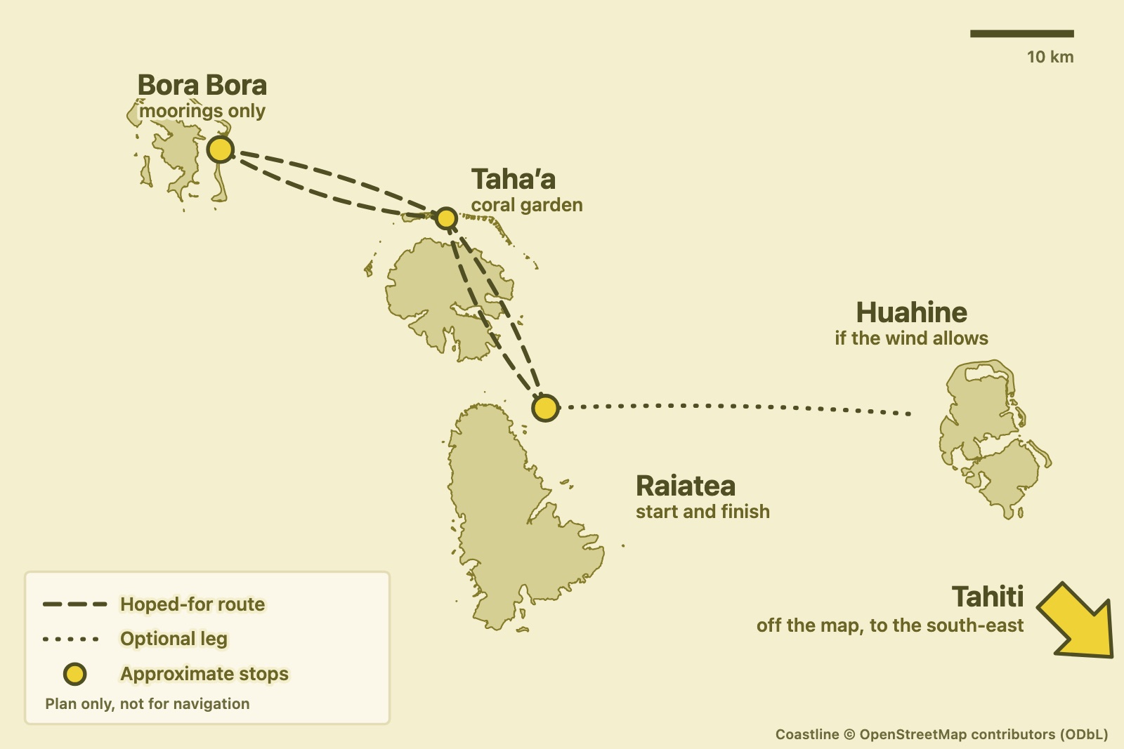 Our hoped-for route: Raiatea to Taha'a to Bora Bora and back, with an optional leg to Huahine. Tahiti is off the map to the south-east.